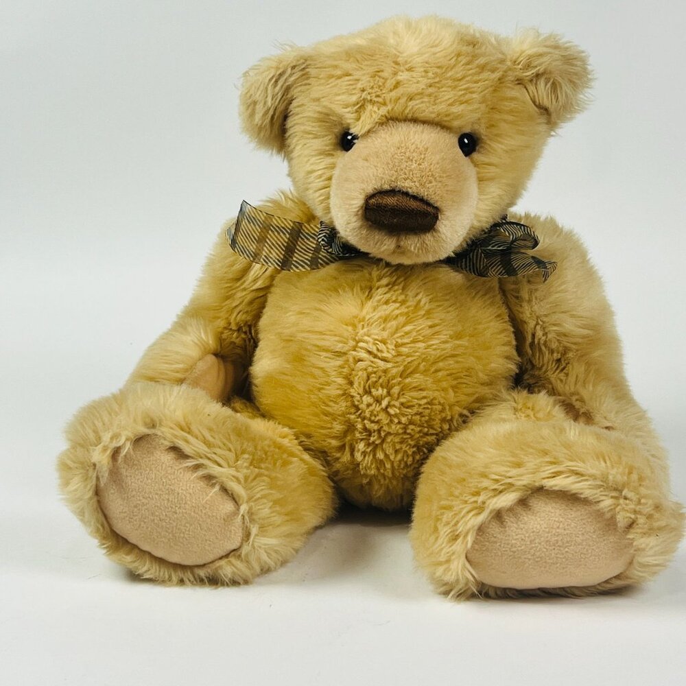 Vintage Gund Teddy Bear Beige Plush Stuffed Animal w/Plaid Ribbon USA